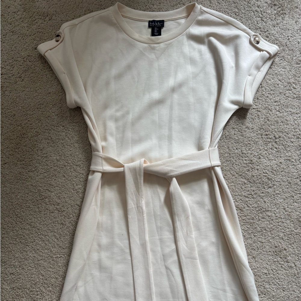 Nicole Miller Cream Short Sleeve Knit Dress with Self Tie